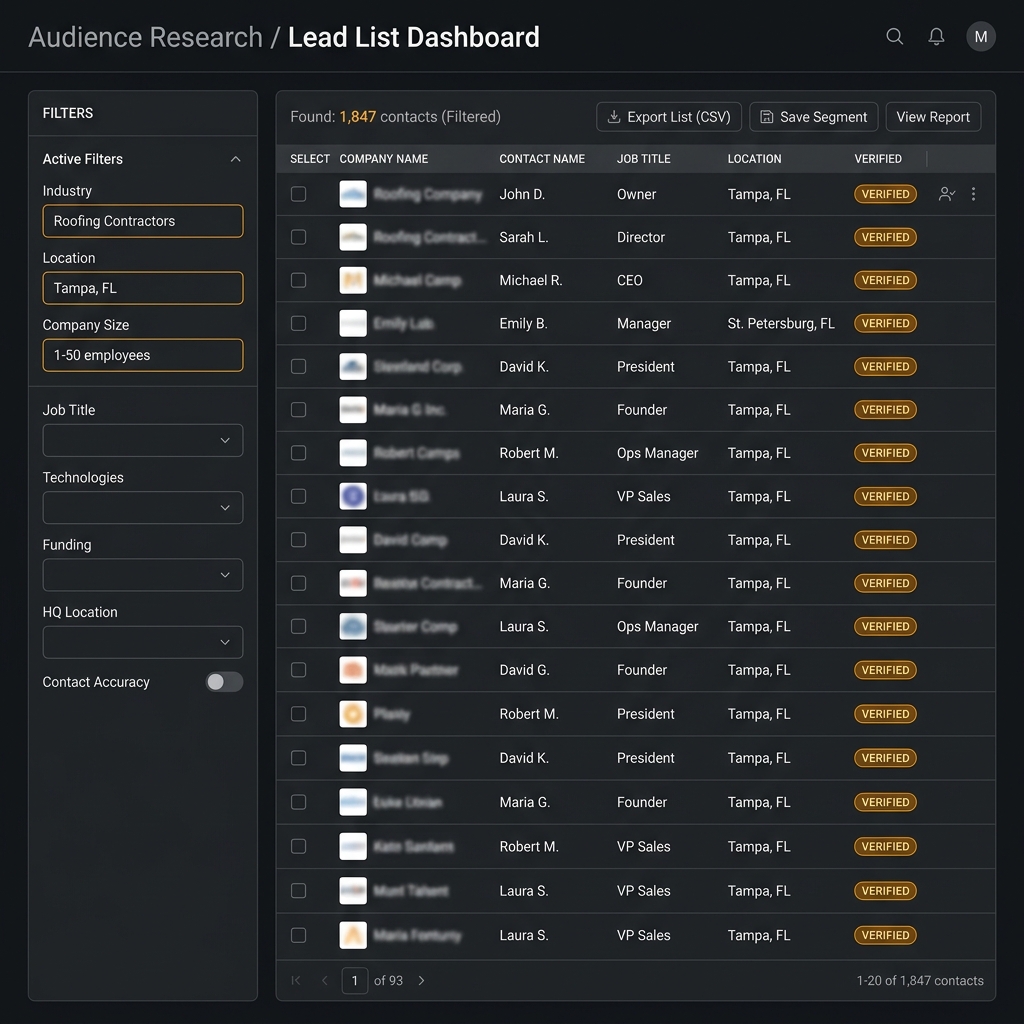 Lead research dashboard showing 1,847 verified contacts for roofing contractors in Tampa