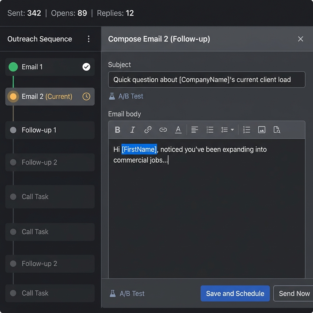 Cold email sequence tool showing personalized draft with merge tags and send stats