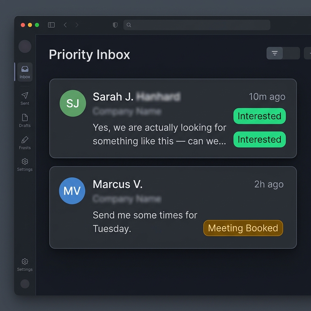CRM priority inbox showing two qualified replies tagged Interested and Meeting Booked